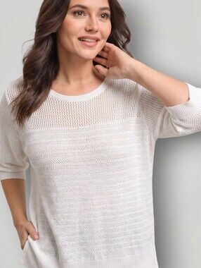 Ann Taylor Factory Open Knit Sweater XXL Ivory Cotton 3/4 Sleeve Costal Grandma